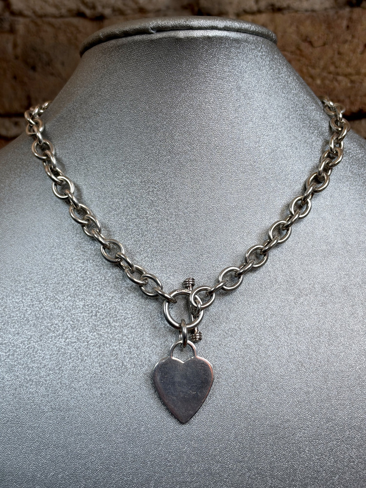 Vintage Sterling Silver Heart Tag Necklace – Chunky Rolo Chain, Toggle Clasp