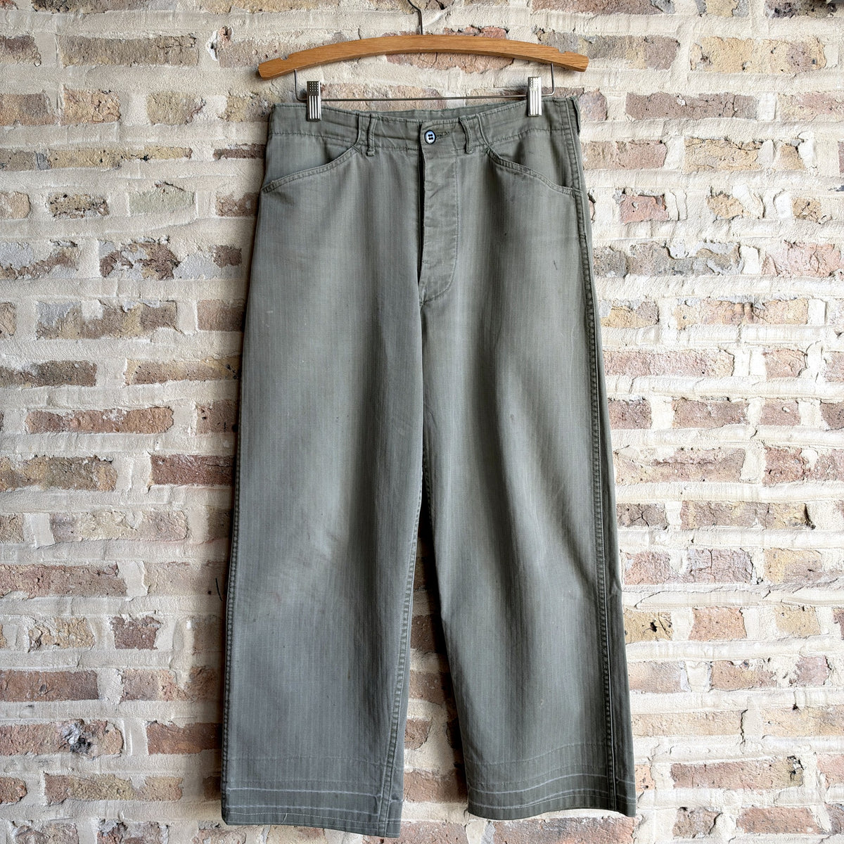 Vintage Military Herringbone Twill (HBT) Utility Pants – OD Green, Button Fly, W33