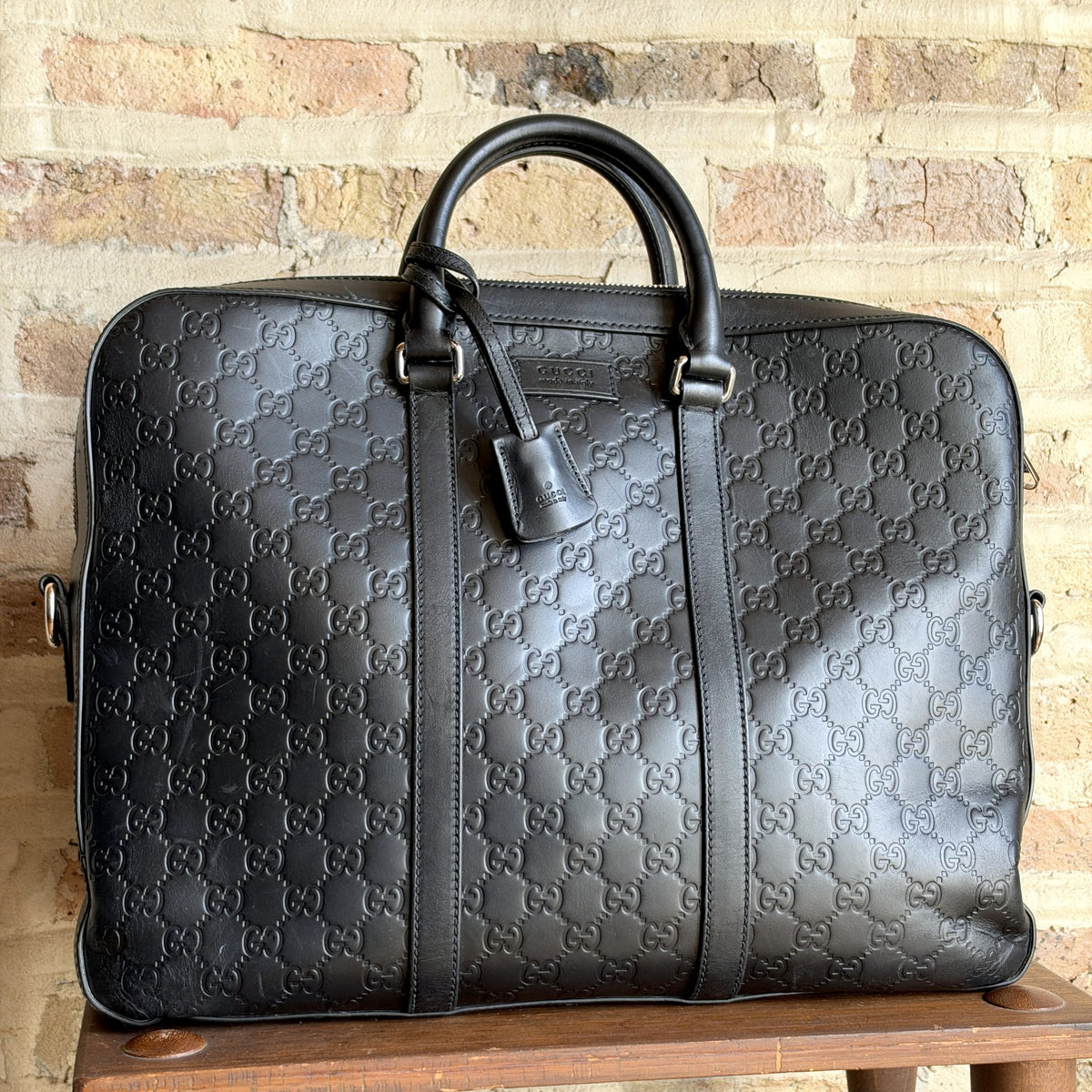 Gucci Guccissima Leather Briefcase – Black GG Embossed, Detachable Shoulder Strap