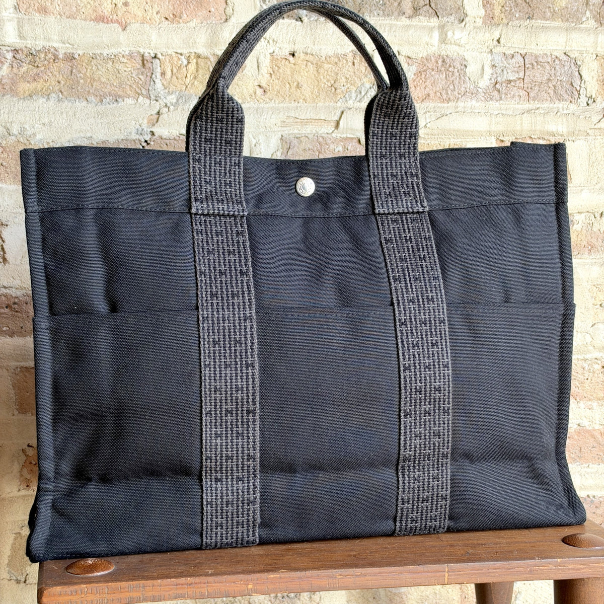 Vintage Hermès Herline Canvas Tote – Black & Grey, H Jacquard Handles