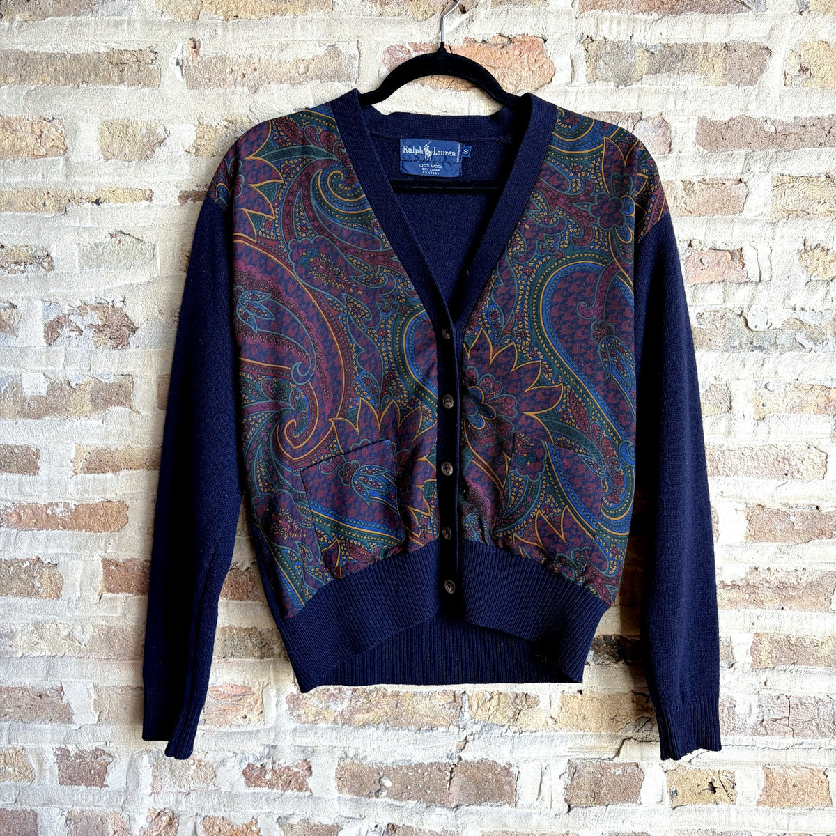 Vintage Ralph Lauren Paisley Front Wool Cardigan – Navy, Size S