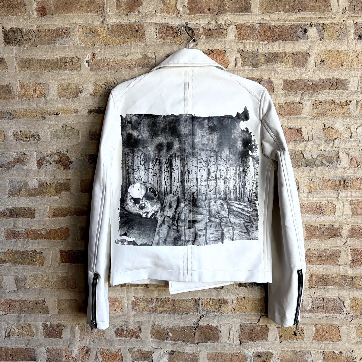 Comme des Garçons Homme Plus FW15 Roger Ballen Rider Jacket – White Synthetic Leather, Asylum of the Birds Back Print, Made in Japan, Size S