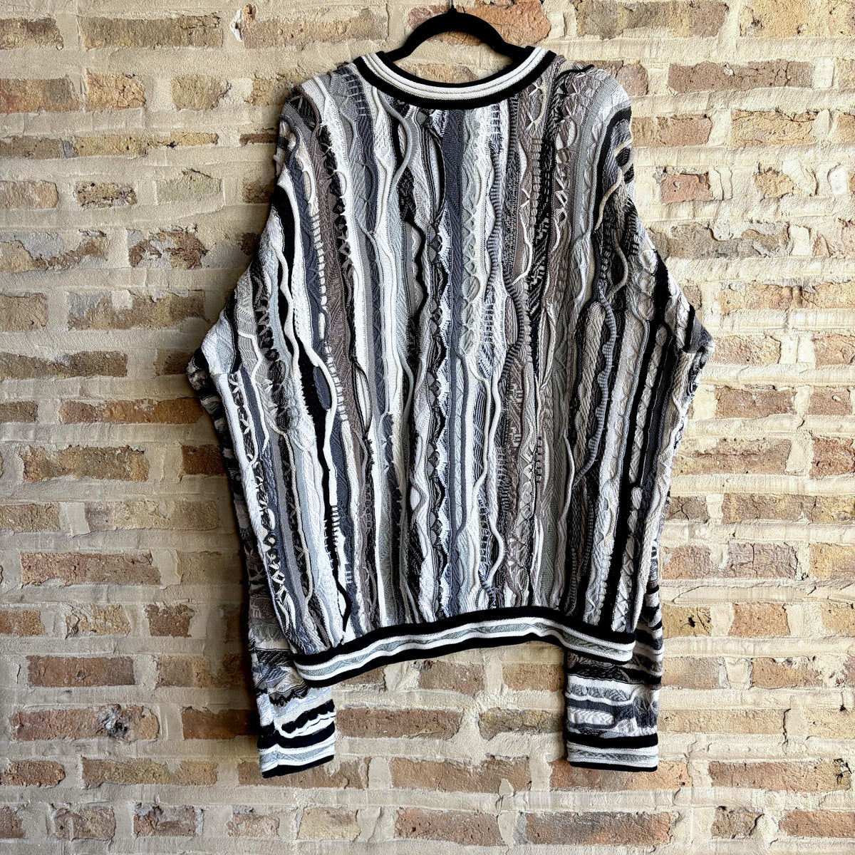 Vintage Coogi Australia 3D Knit V-Neck Sweater – Black, White & Grey, Made in Australia, Size XL