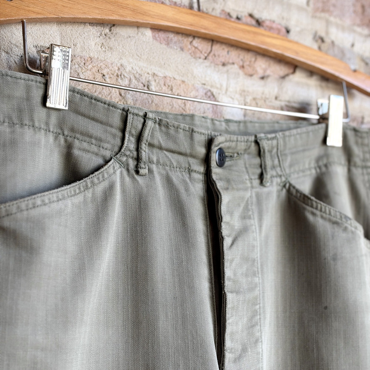 Vintage Military Herringbone Twill (HBT) Utility Pants – OD Green, Button Fly, W33