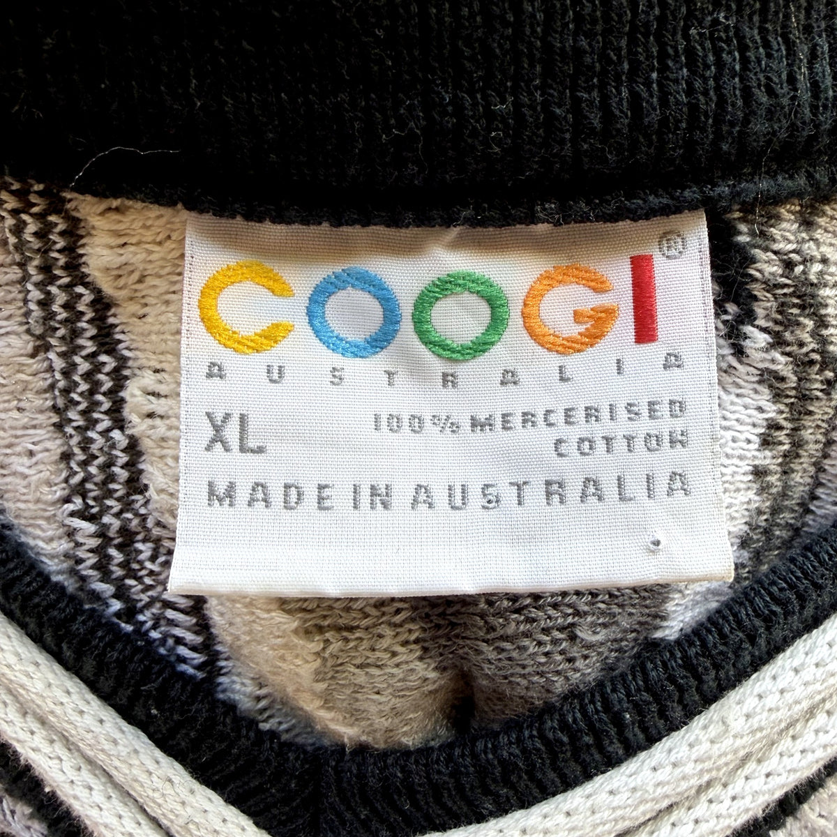Vintage Coogi Australia 3D Knit V-Neck Sweater – Black, White & Grey, Made in Australia, Size XL