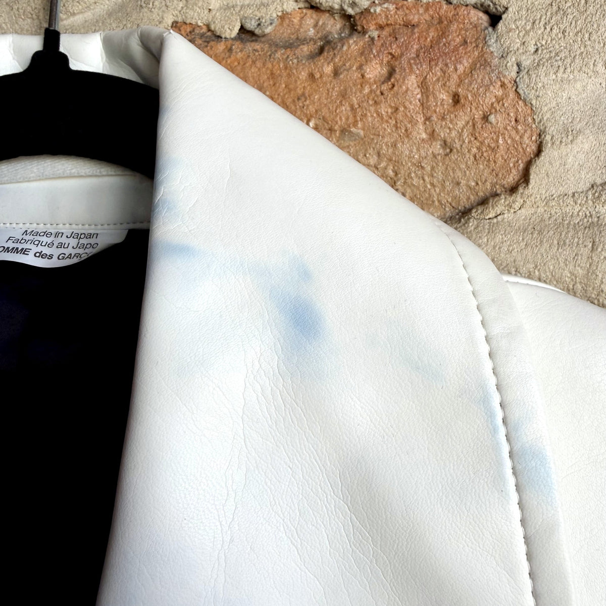 Comme des Garçons Homme Plus FW15 Roger Ballen Rider Jacket – White Synthetic Leather, Asylum of the Birds Back Print, Made in Japan, Size S