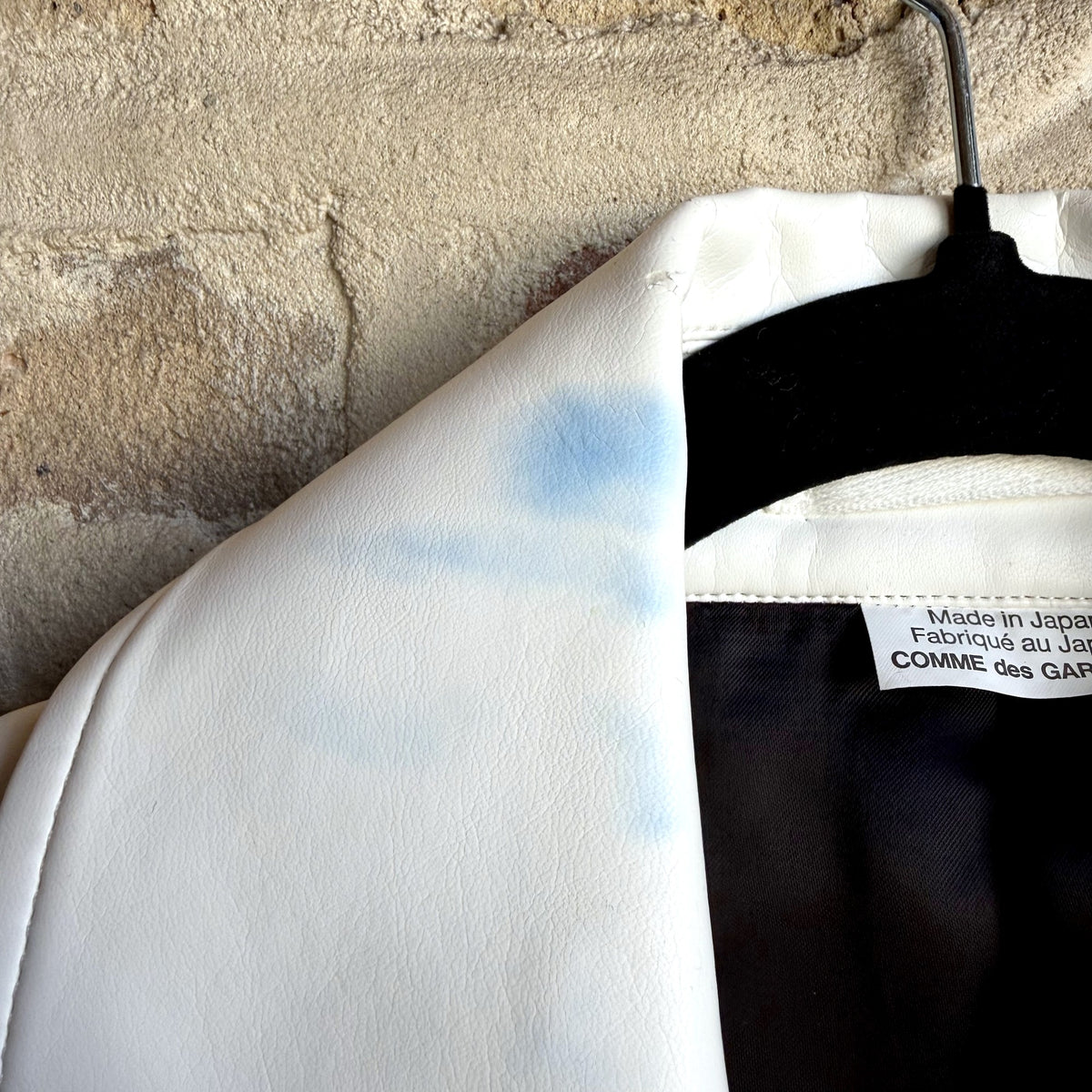 Comme des Garçons Homme Plus FW15 Roger Ballen Rider Jacket – White Synthetic Leather, Asylum of the Birds Back Print, Made in Japan, Size S