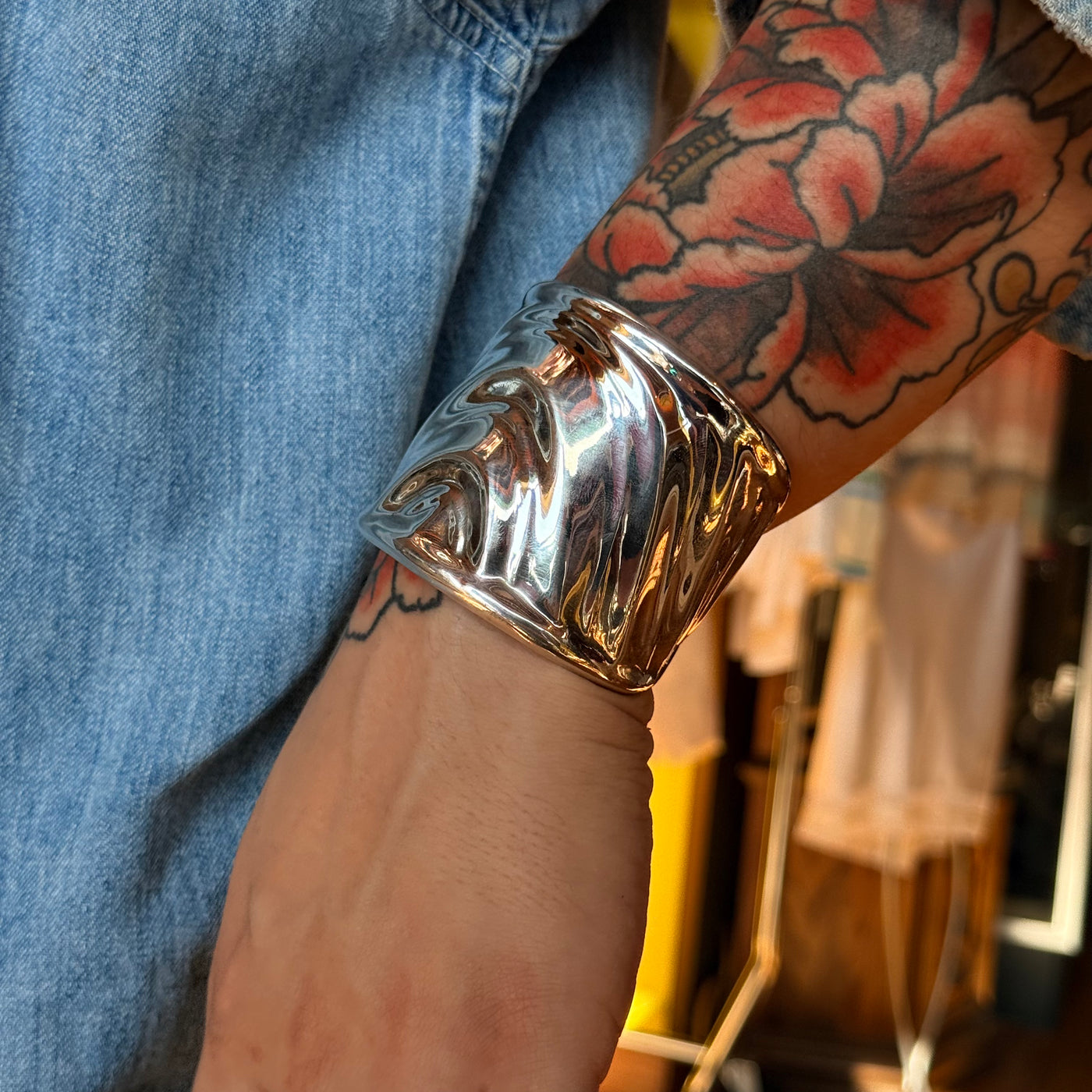 Vintage Mexican Sterling Silver Wide Cuff Bracelet – Sculptural Wave Design, approx. 105 Grams
