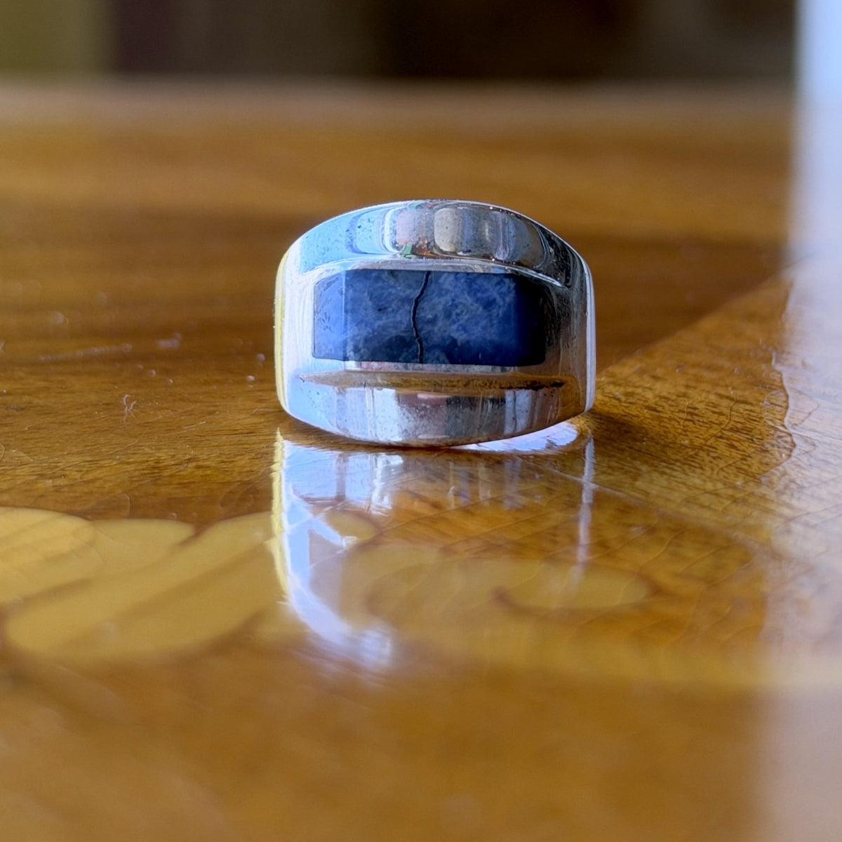 Vintage Mexican Sterling Silver Blue Stone Inlay Ring – Modernist Overlap Wrap Band, Size 8