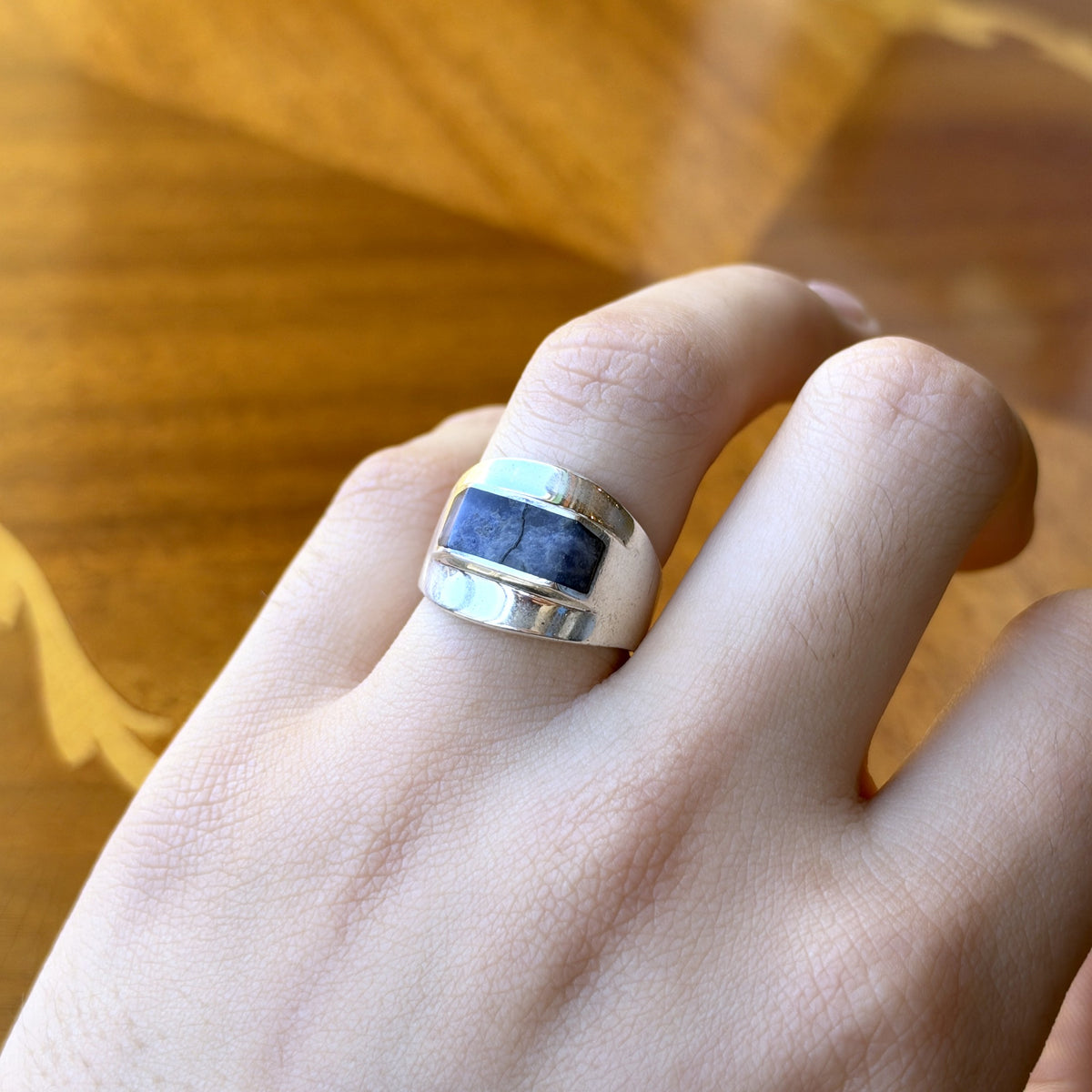 Vintage Mexican Sterling Silver Blue Stone Inlay Ring – Modernist Overlap Wrap Band, Size 8