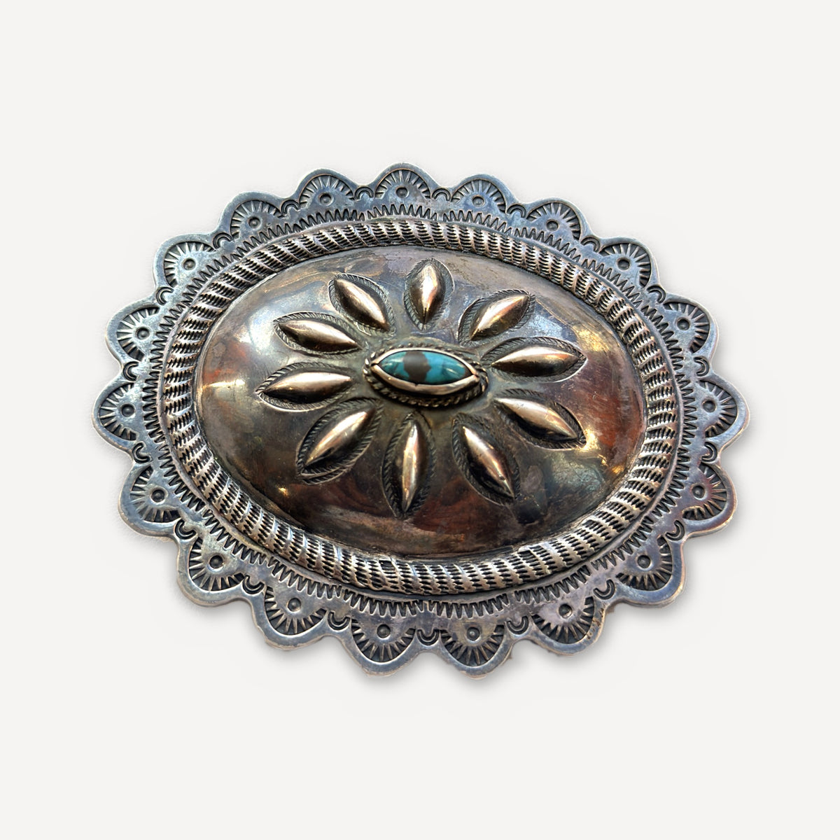 Vintage Silver Concho Belt Buckle – Repoussé Flower with Turquoise, Hallmarked JB