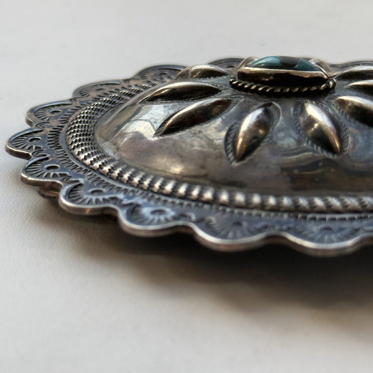 Vintage Silver Concho Belt Buckle – Repoussé Flower with Turquoise, Hallmarked JB