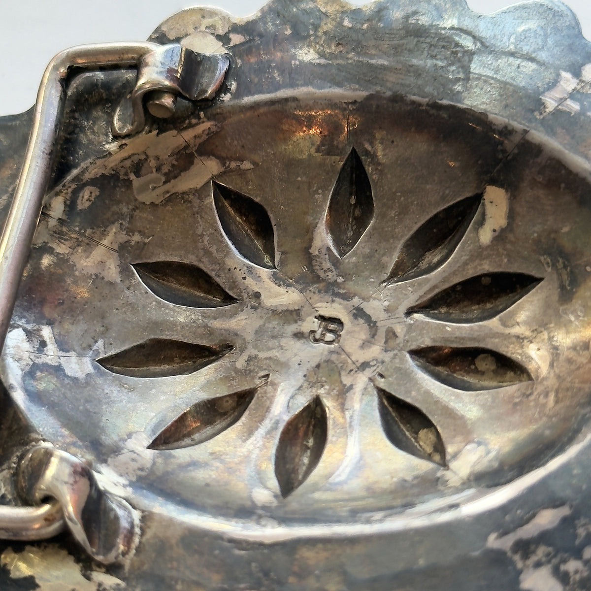 Vintage Silver Concho Belt Buckle – Repoussé Flower with Turquoise, Hallmarked JB