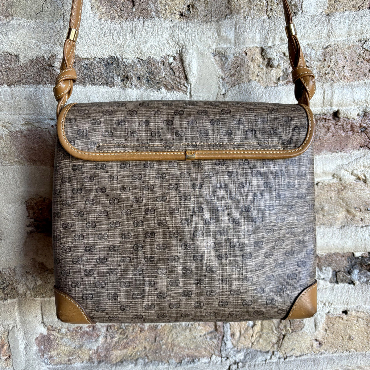 Vintage 1980s Gucci Micro GG Coated Canvas Flap Crossbody Bag – Tan Leather Trim, Interlocking GG Medallion