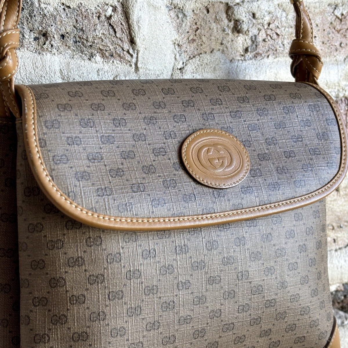 Vintage 1980s Gucci Micro GG Coated Canvas Flap Crossbody Bag – Tan Leather Trim, Interlocking GG Medallion