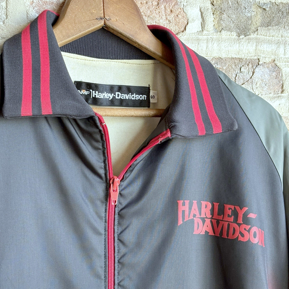 Vintage 1970s AMF Harley-Davidson Nylon Bomber Jacket – Eagle Bar & Shield Back Graphic, Striped Rib Knit