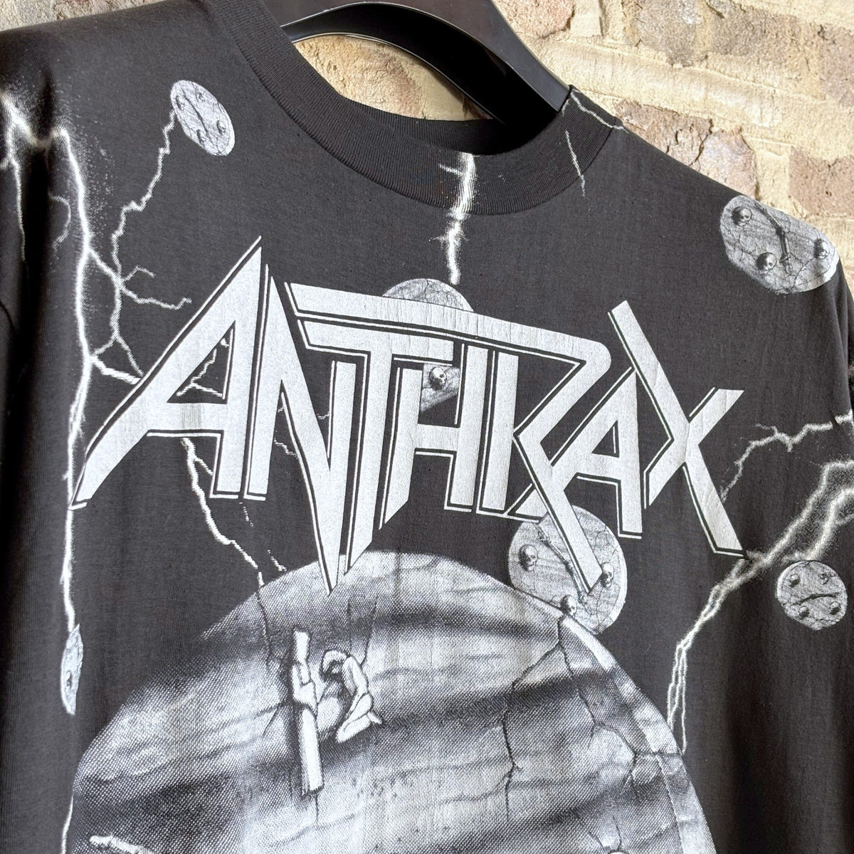 Vintage 1990 Brockum Anthrax All-Over Print Band Tee – Deadstock, Skull Clock & Lightning Artwork
