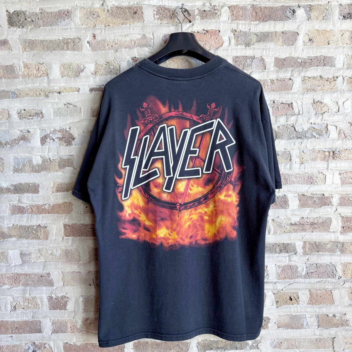 Vintage 1990s Winterland Slayer All-Over Print Band Tee – Green Demon Face, Flaming Pentagram Back