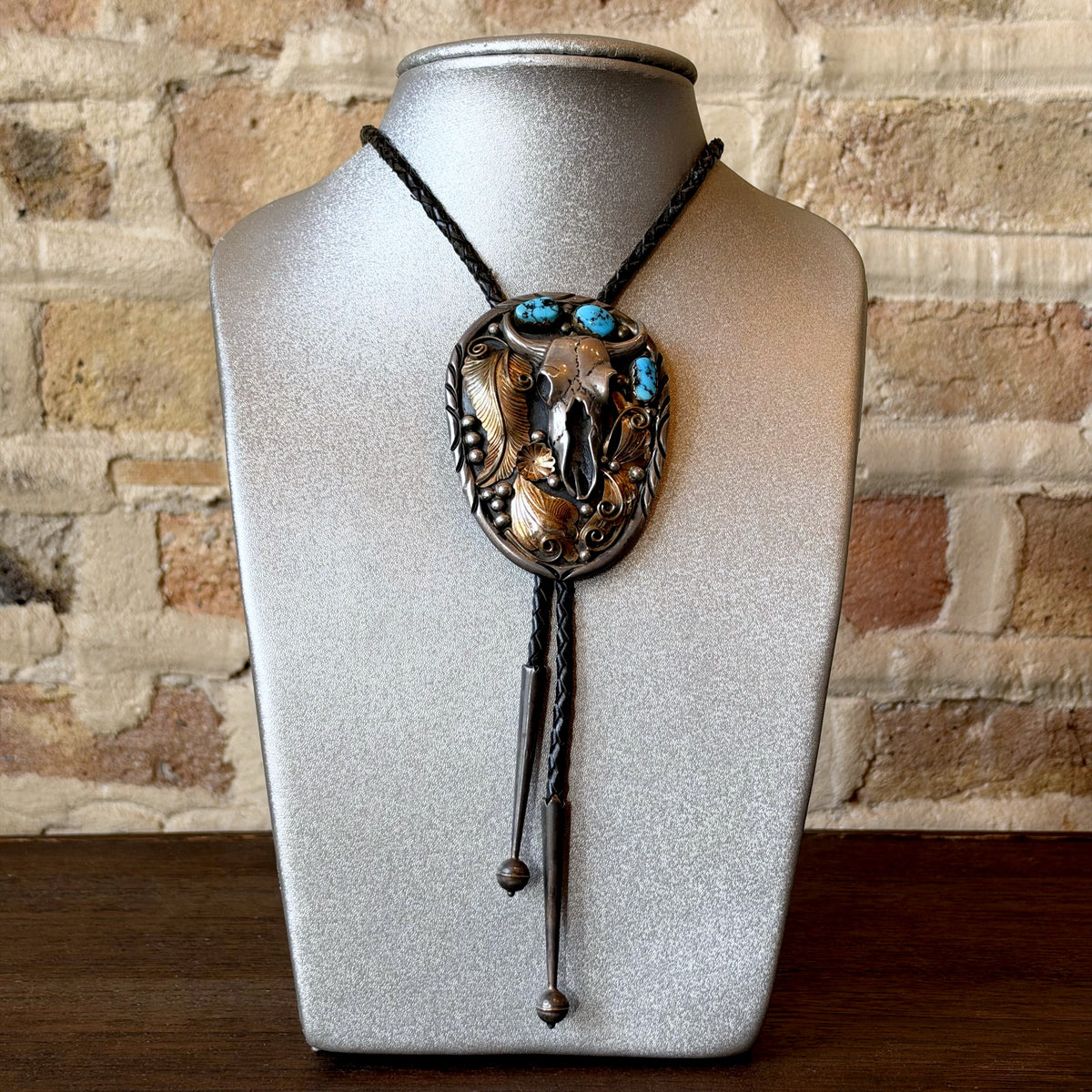 Vintage Ken Martinez Sterling Silver Turquoise Bolo Tie – Steer Skull, Gold-Tone Feather & Leaf Overlays
