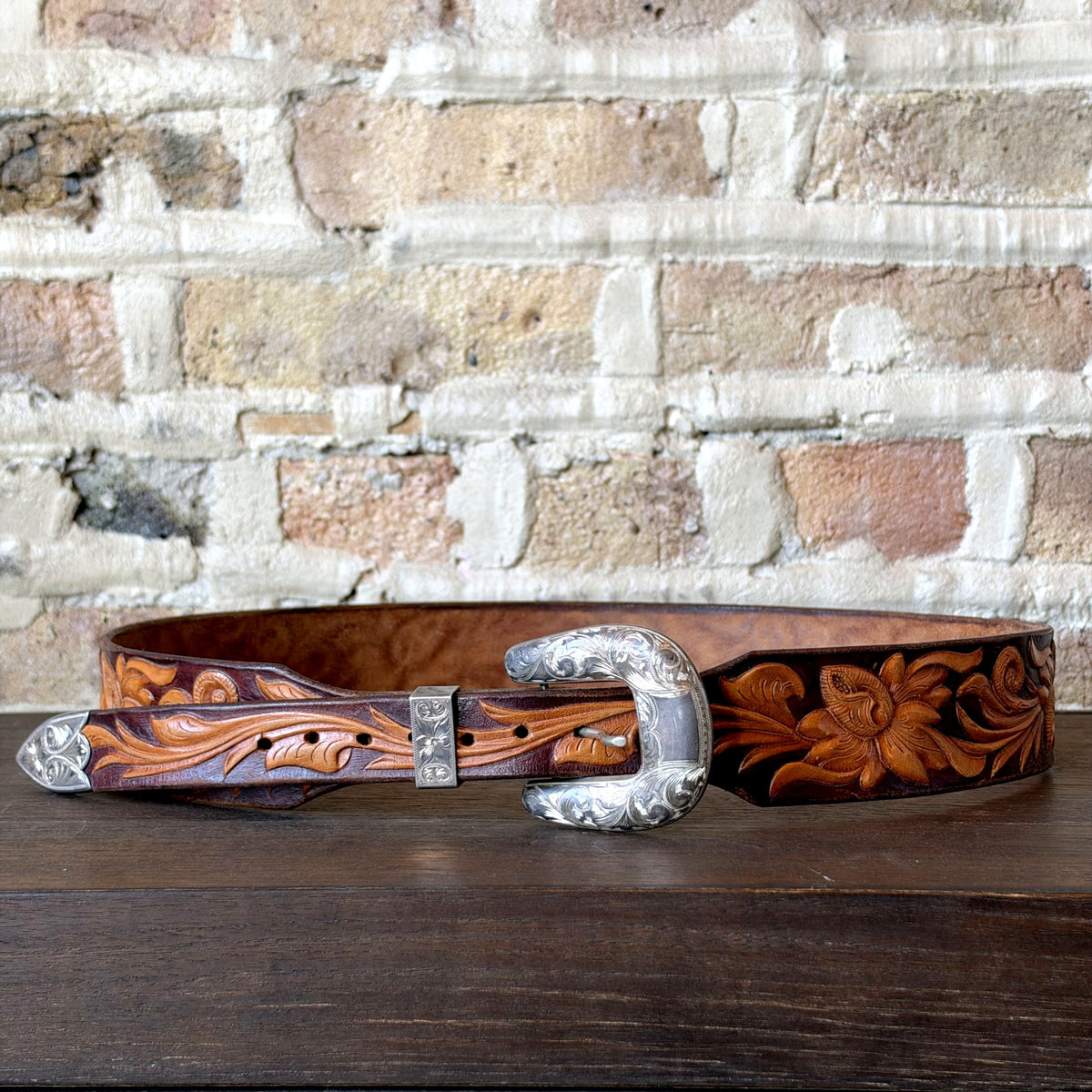 Vintage Sunset Trails Sterling Silver & Tooled Leather Western Belt – Engraved Buckle Set, Floral Carving