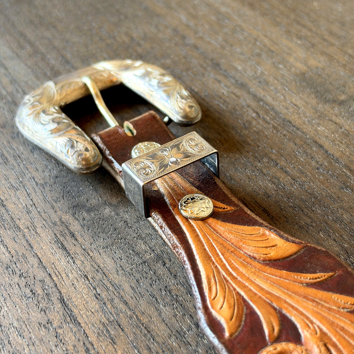 Vintage Sunset Trails Sterling Silver & Tooled Leather Western Belt – Engraved Buckle Set, Floral Carving