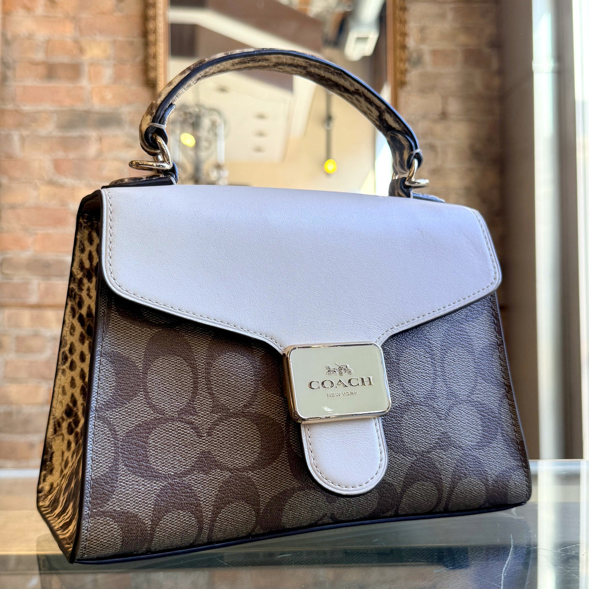 Coach Pepper Satchel in Signature Canvas with Snakeskin Detail – Khaki & Chalk, Style C1325