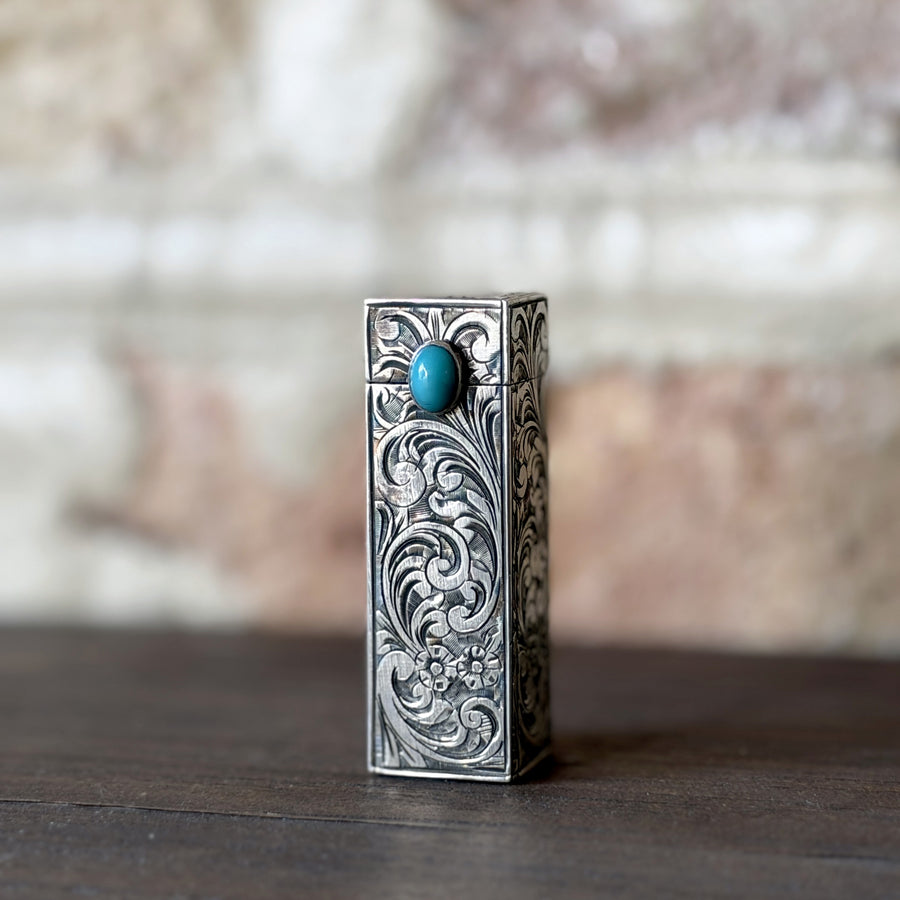 Vintage Italian 800 Silver Hand-Engraved Lipstick Case with Mirror & Turquoise-Color Button