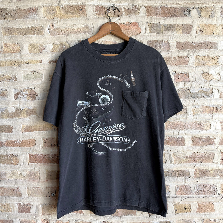 Vintage 1995 Harley-Davidson Cotton Pocket Tee – Genuine Parts Graphic, Dudley Perkins San Francisco Back