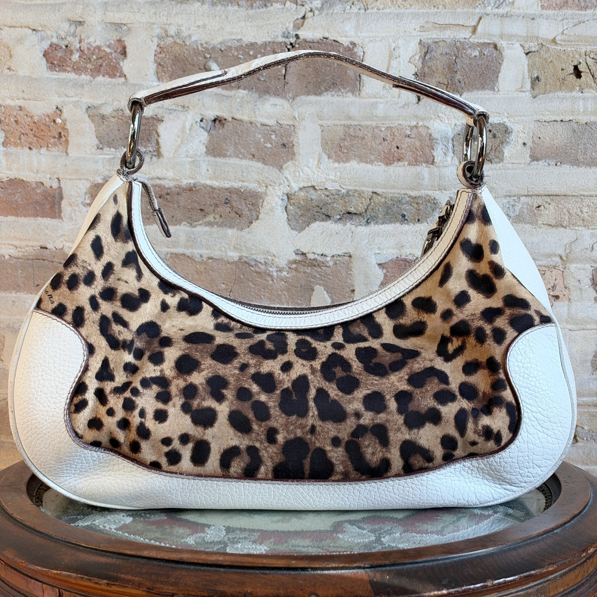 Vintage Dolce & Gabbana Leopard Print Hobo Bag – White Pebbled Leather Trim, Silver Ring Hardware