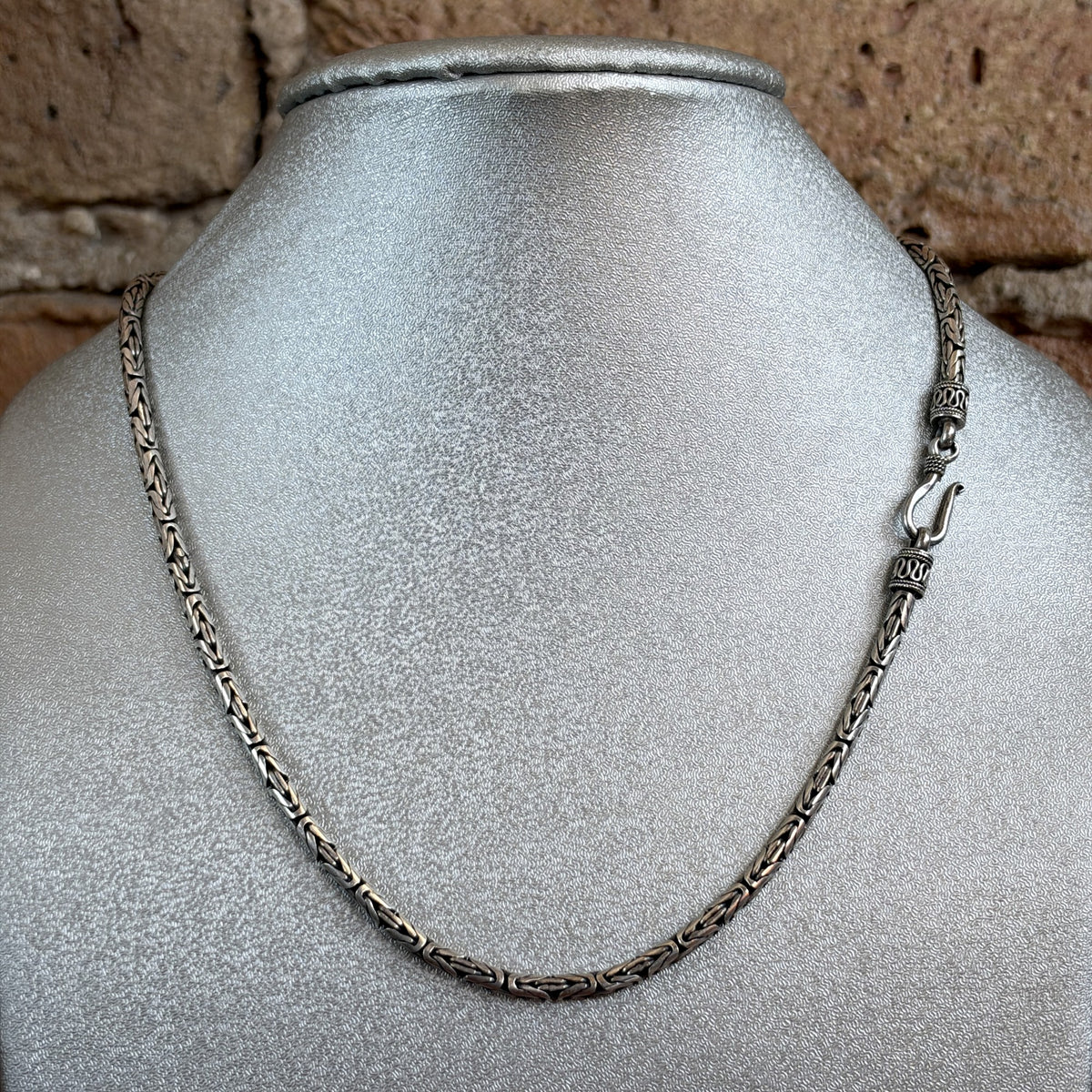 Vintage Sterling Silver Byzantine Chain Necklace – Oxidized Finish, Filigree End Caps & Hook Clasp