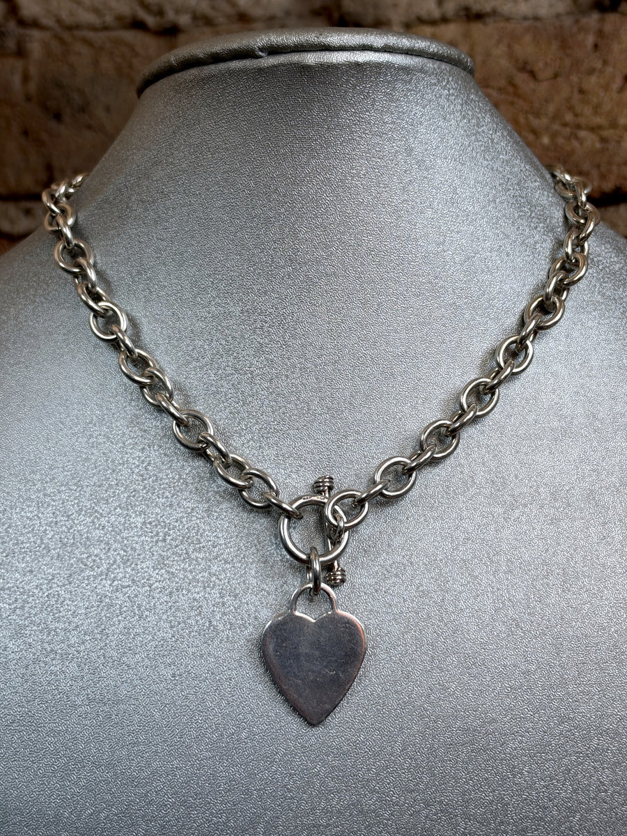 Vintage Sterling Silver Heart Tag Necklace – Chunky Rolo Chain, Toggle Clasp