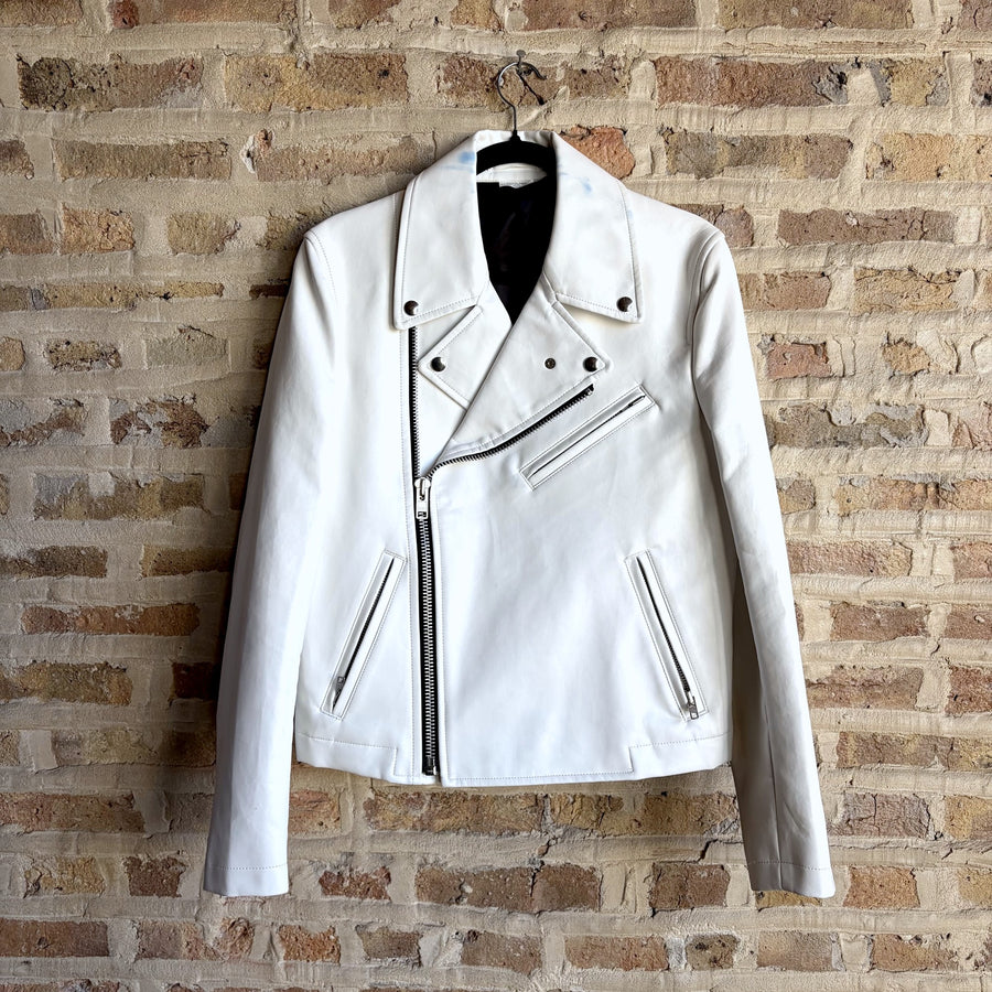 Comme des Garçons Homme Plus FW15 Roger Ballen Rider Jacket – White Synthetic Leather, Asylum of the Birds Back Print, Made in Japan, Size S