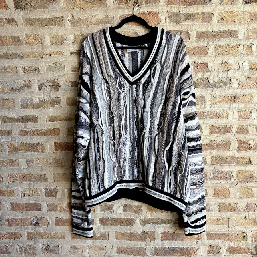 Vintage Coogi Australia 3D Knit V-Neck Sweater – Black, White & Grey, Made in Australia, Size XL