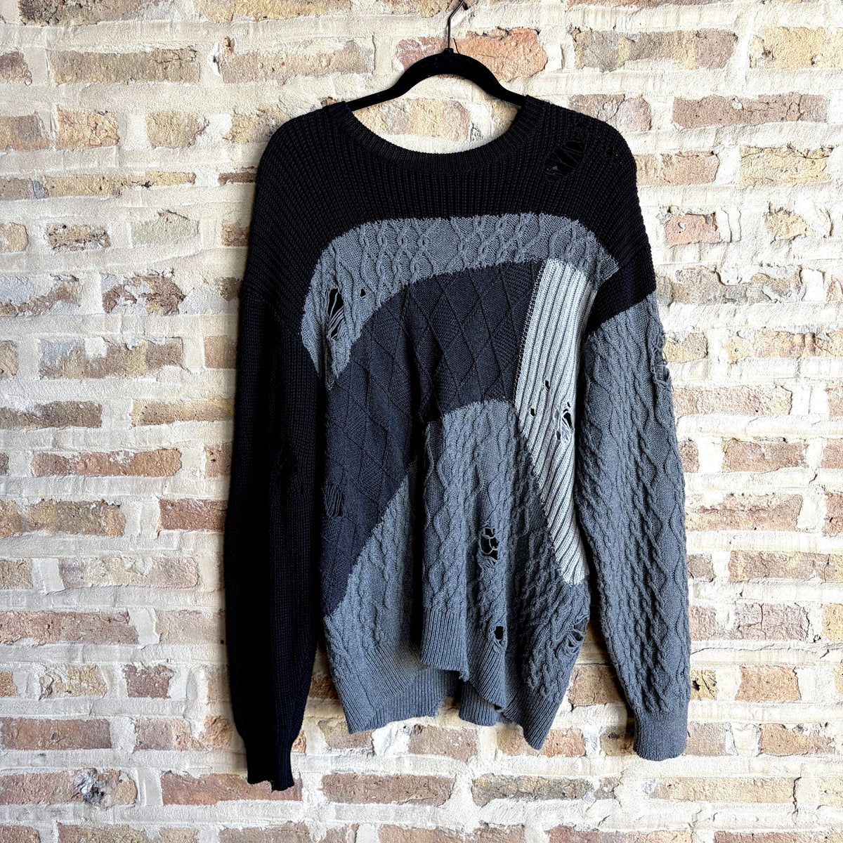 Neighborhood Distressed Patchwork Cable Knit Sweater – Black & Grey, Size S