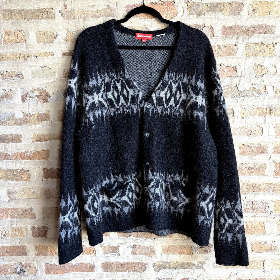 Supreme Fuzzy Jacquard Knit Cardigan – Black & Grey Drip Pattern, Size XL