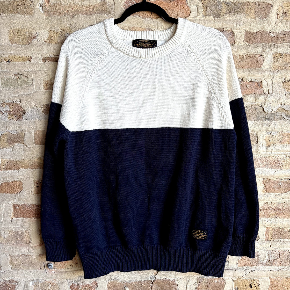 Neighborhood Color Block Raglan Knit Sweater – Cream & Navy, Size M