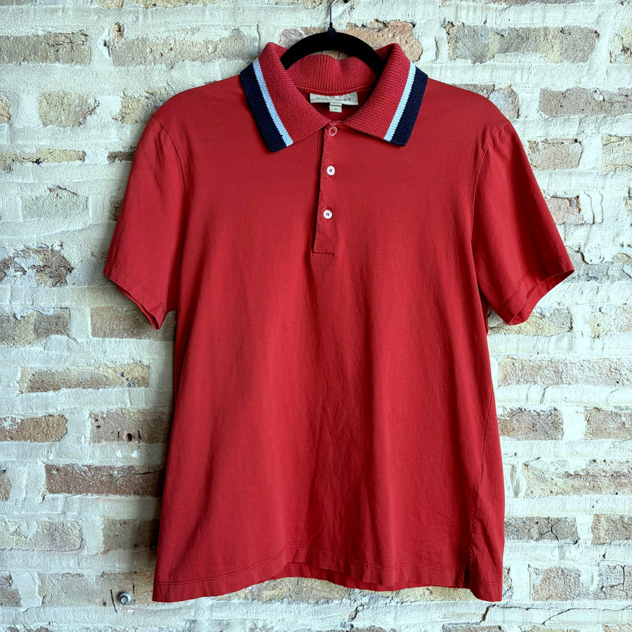 Burberry London England Polo Shirt – Red with Striped Knit Collar, Size M