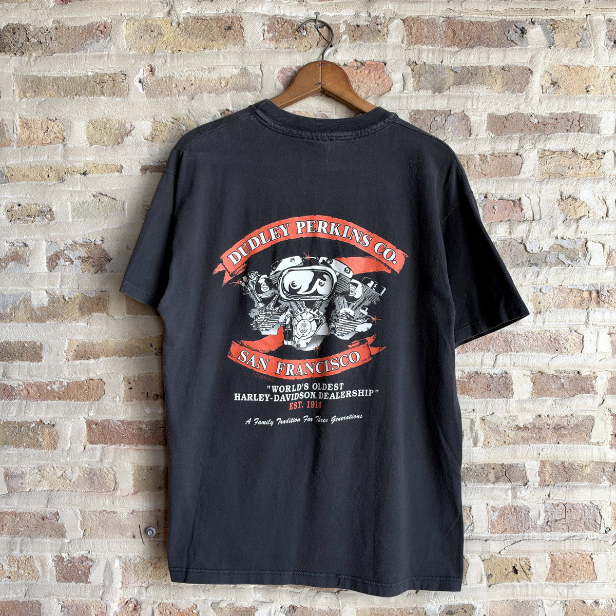 Vintage 1995 Harley-Davidson Cotton Pocket Tee – Genuine Parts Graphic, Dudley Perkins San Francisco Back