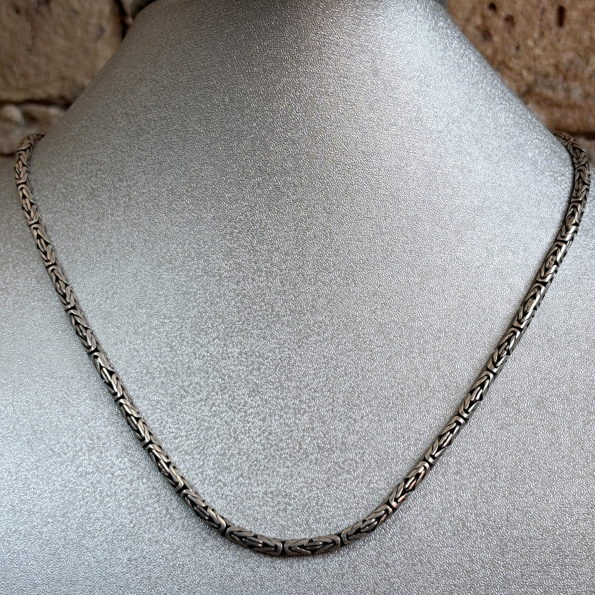 Vintage Sterling Silver Byzantine Chain Necklace – Oxidized Finish, Filigree End Caps & Hook Clasp