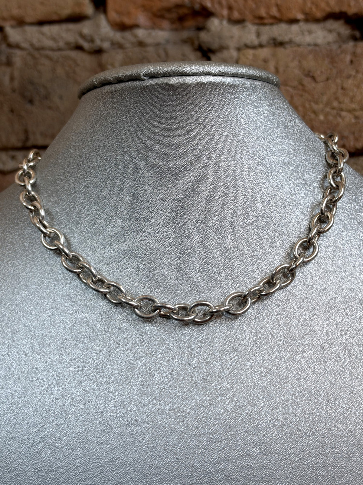 Vintage Sterling Silver Heart Tag Necklace – Chunky Rolo Chain, Toggle Clasp