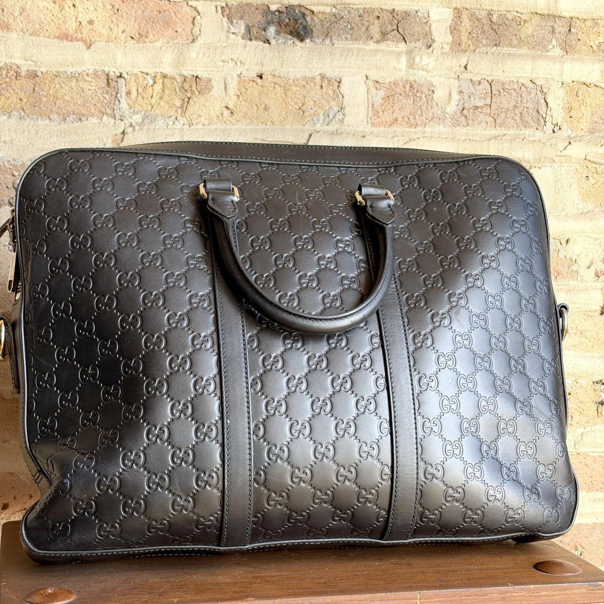 Gucci Guccissima Leather Briefcase – Black GG Embossed, Detachable Shoulder Strap
