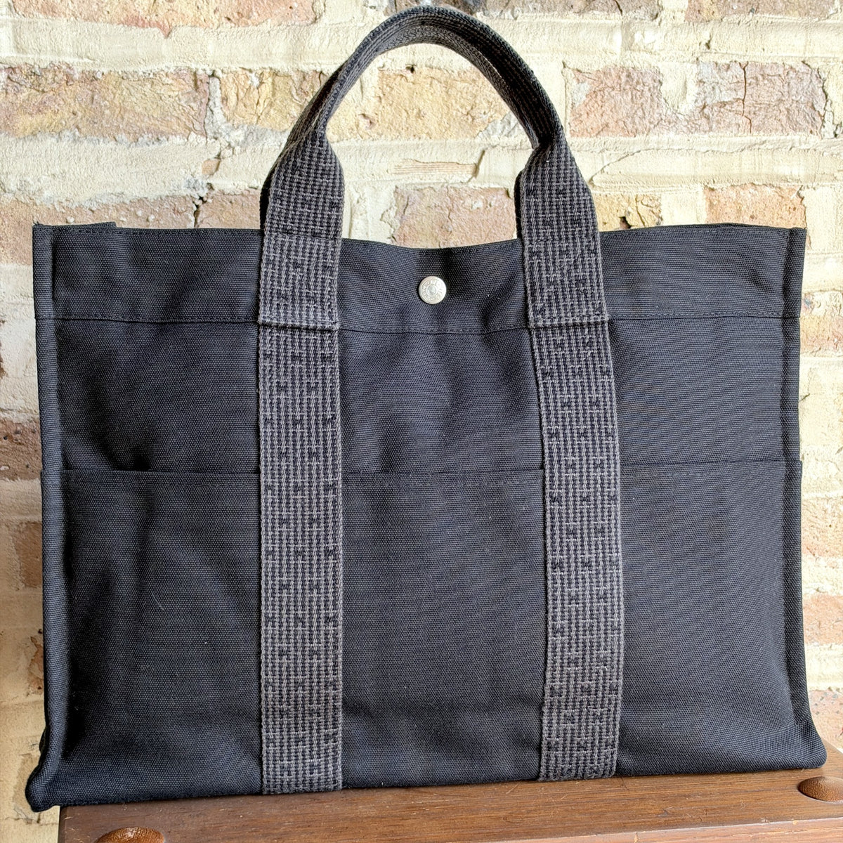 Vintage Hermès Herline Canvas Tote – Black & Grey, H Jacquard Handles