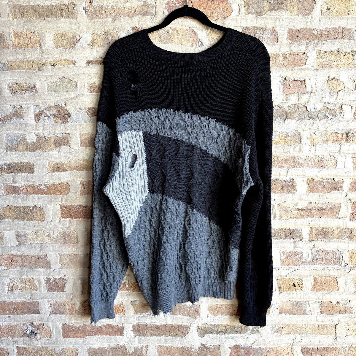 Neighborhood Distressed Patchwork Cable Knit Sweater – Black & Grey, Size S