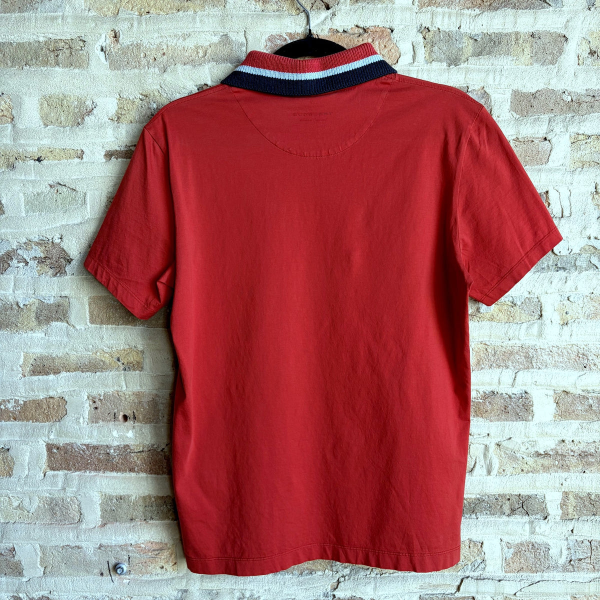 Burberry London England Polo Shirt – Red with Striped Knit Collar, Size M