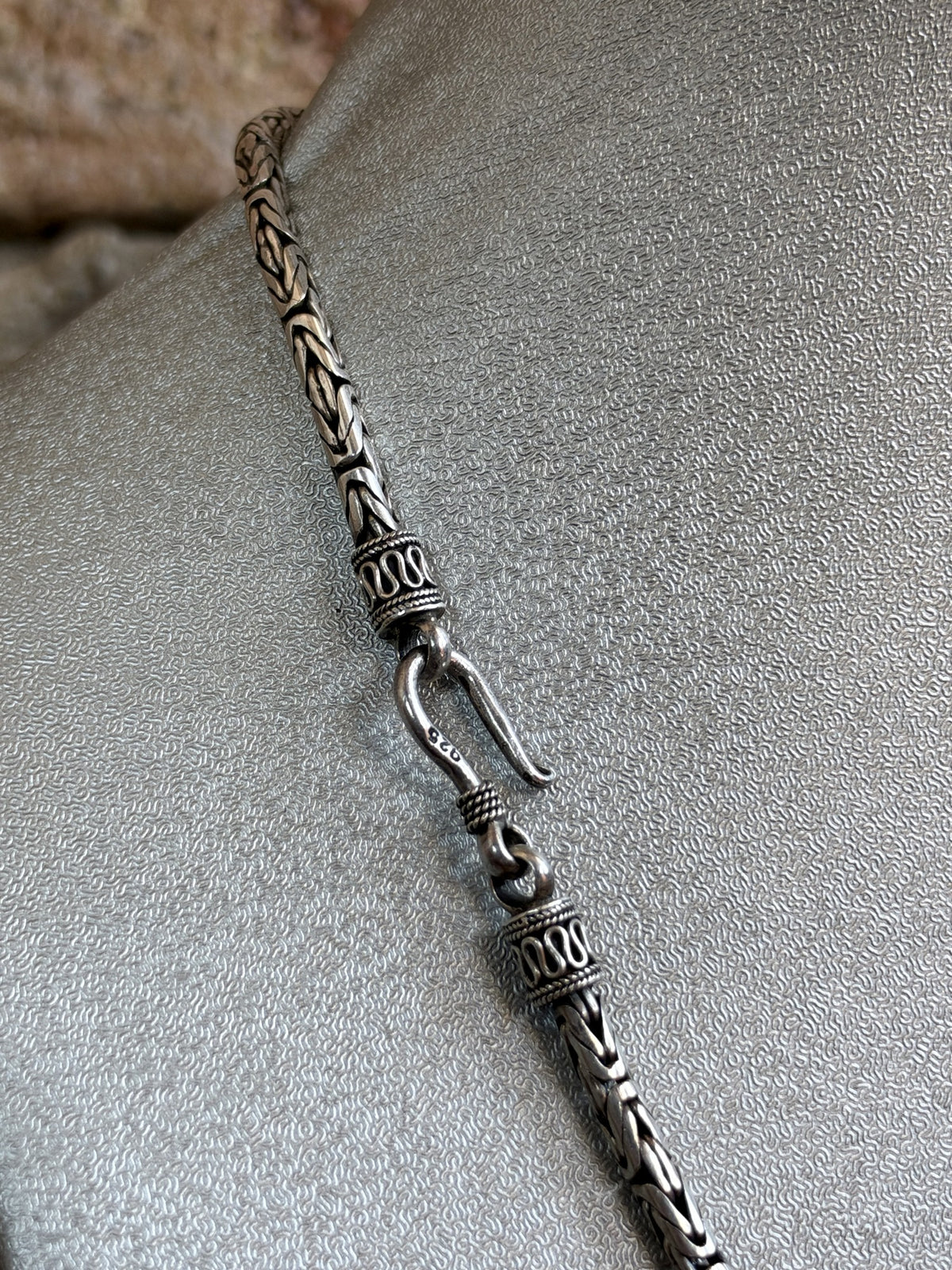 Vintage Sterling Silver Byzantine Chain Necklace – Oxidized Finish, Filigree End Caps & Hook Clasp