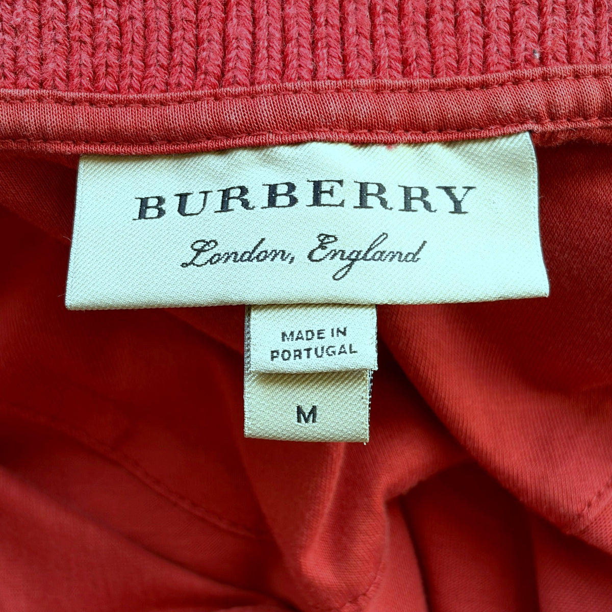 Burberry London England Polo Shirt – Red with Striped Knit Collar, Size M