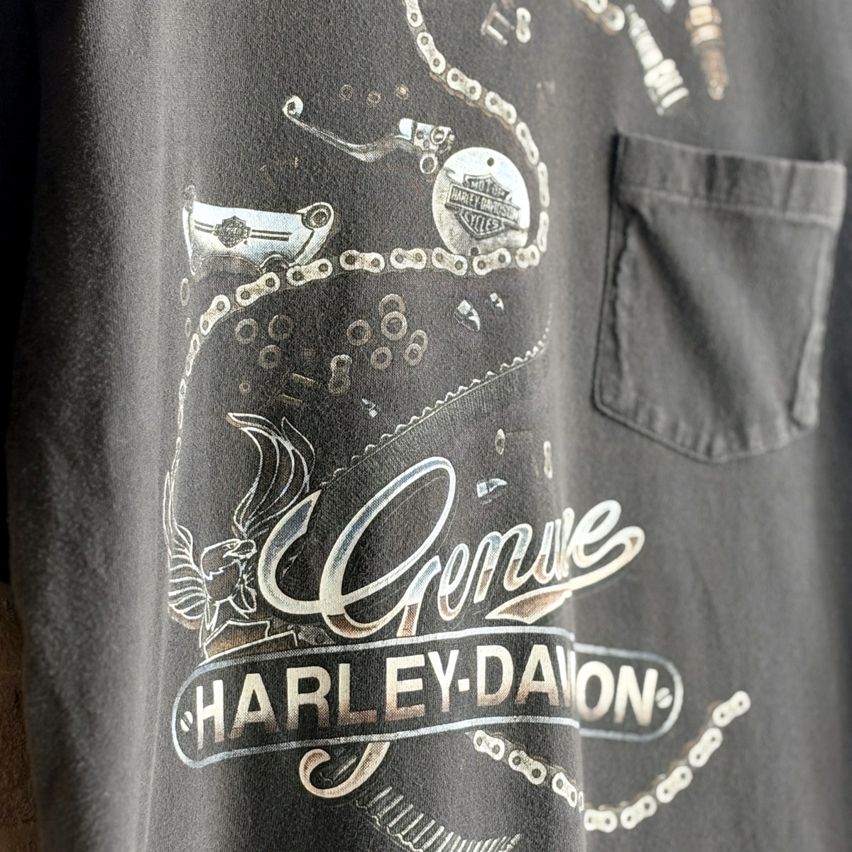 Vintage 1995 Harley-Davidson Cotton Pocket Tee – Genuine Parts Graphic, Dudley Perkins San Francisco Back