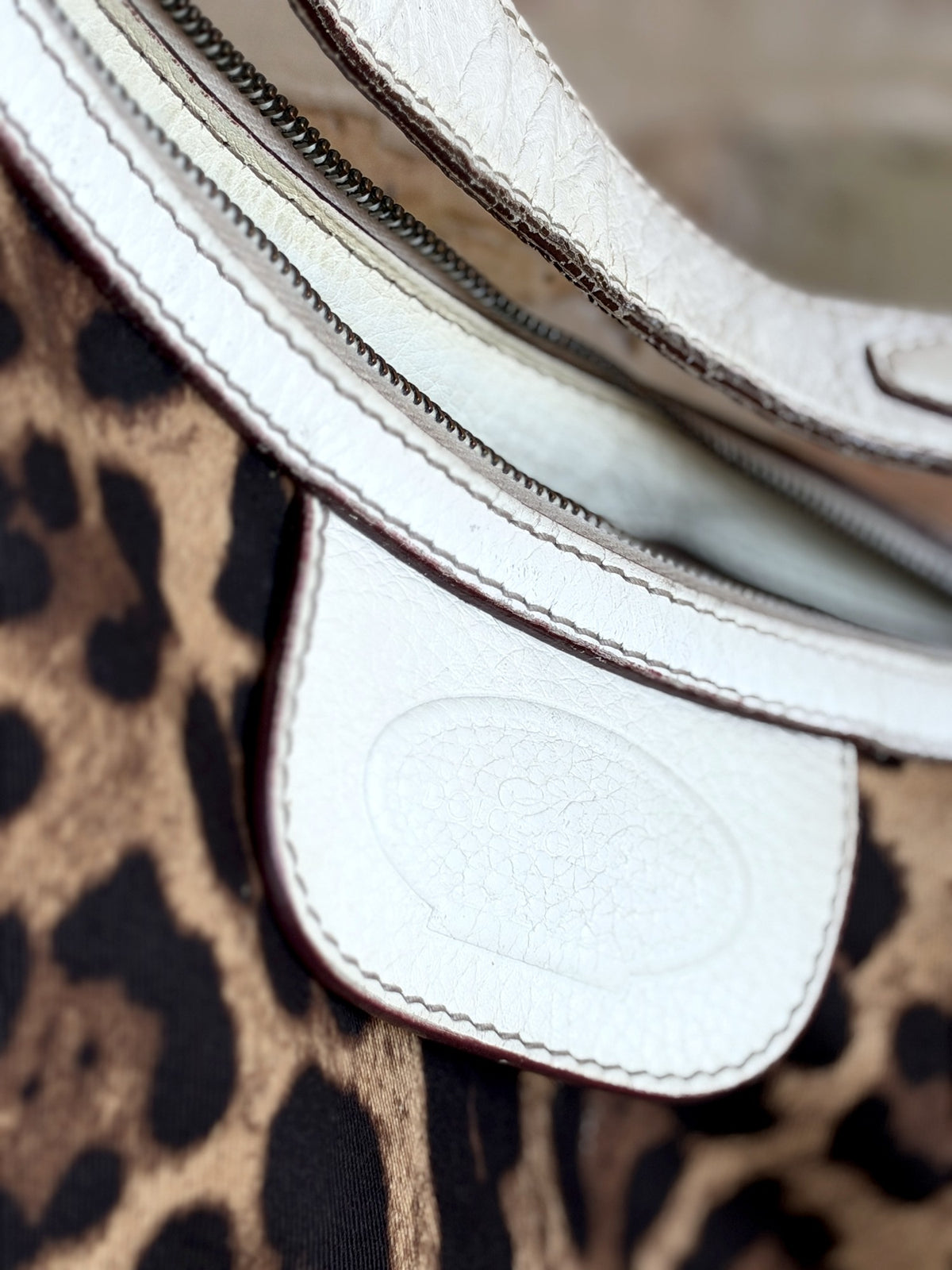 Vintage Dolce & Gabbana Leopard Print Hobo Bag – White Pebbled Leather Trim, Silver Ring Hardware