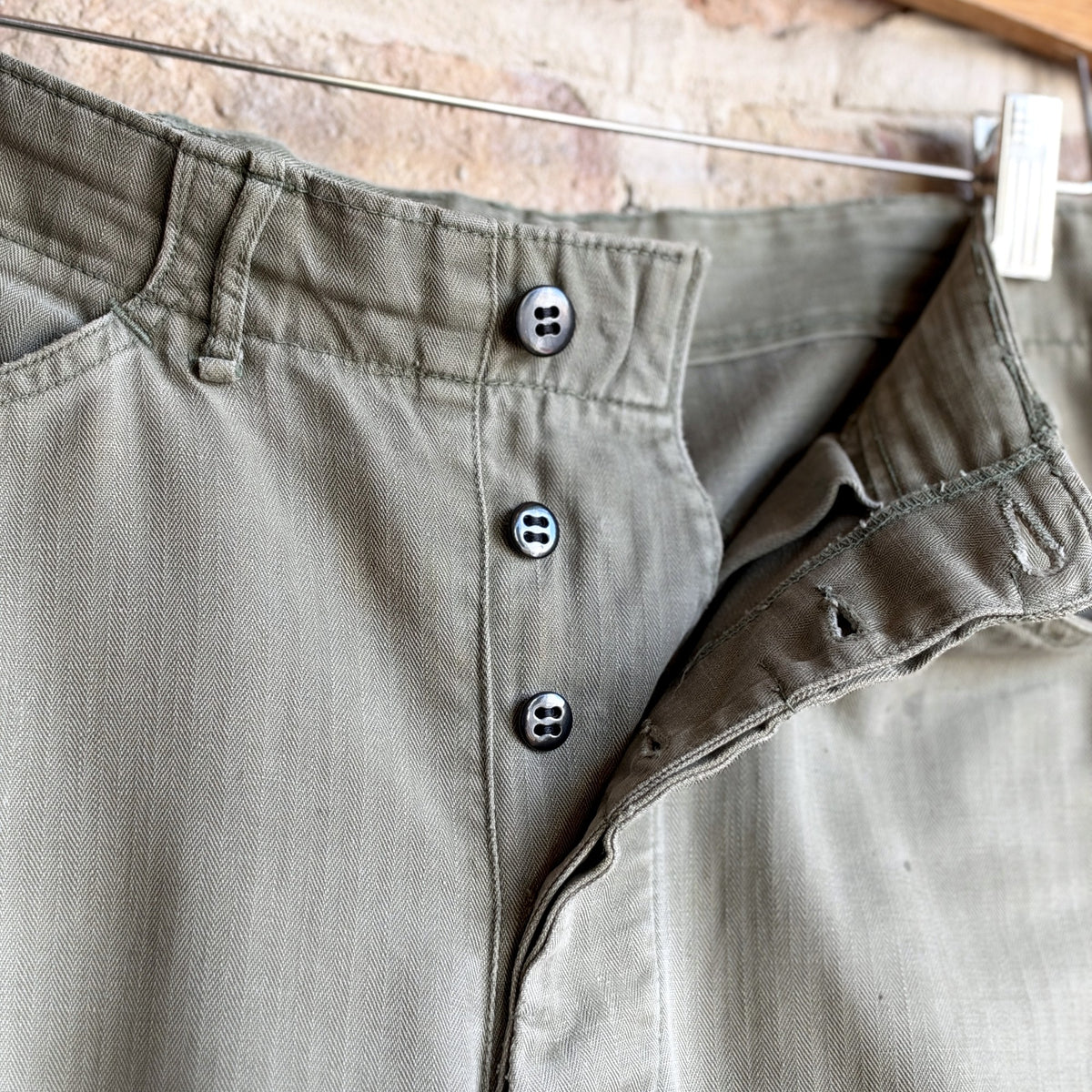 Vintage Military Herringbone Twill (HBT) Utility Pants – OD Green, Button Fly, W33