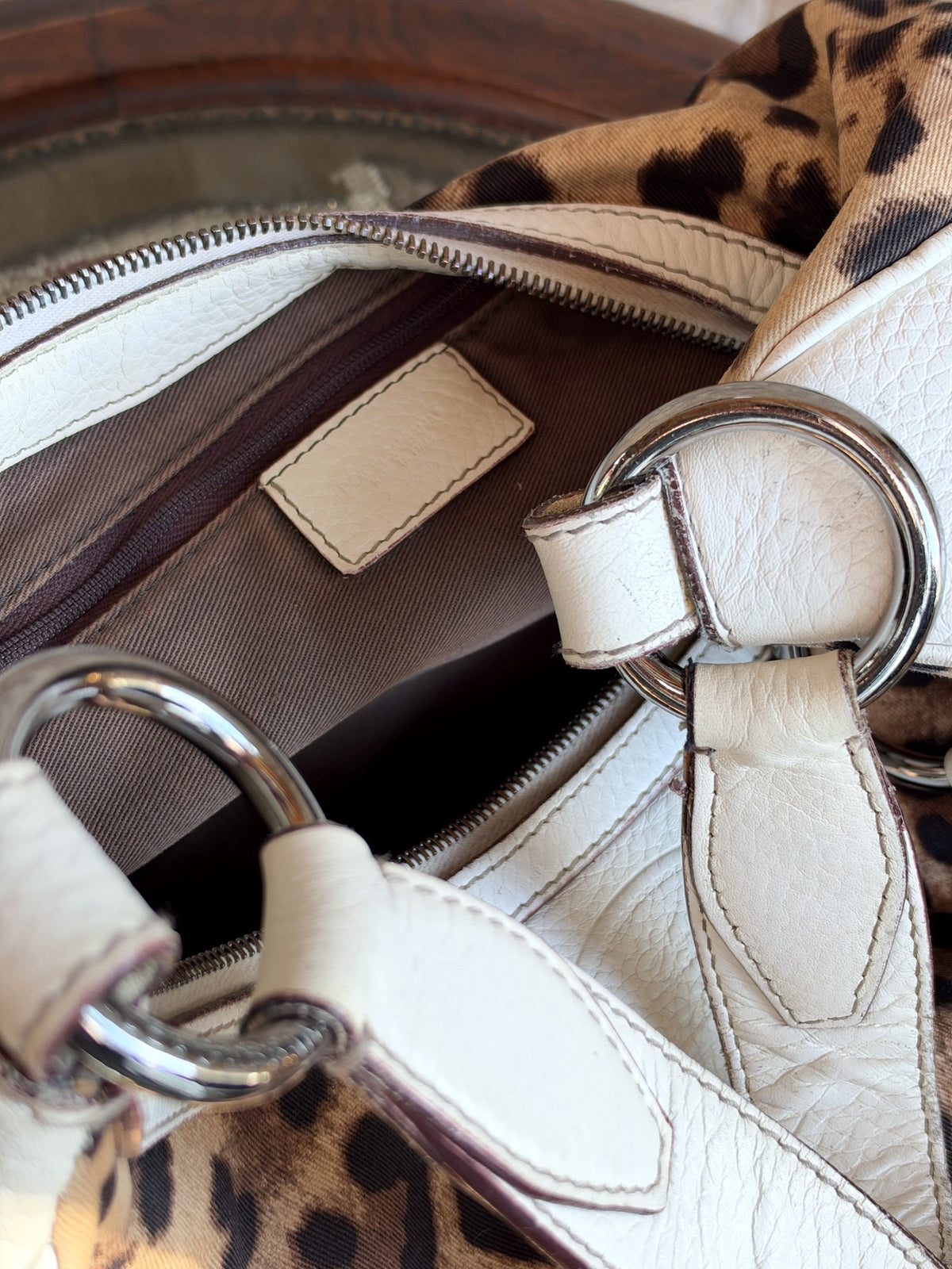 Vintage Dolce & Gabbana Leopard Print Hobo Bag – White Pebbled Leather Trim, Silver Ring Hardware